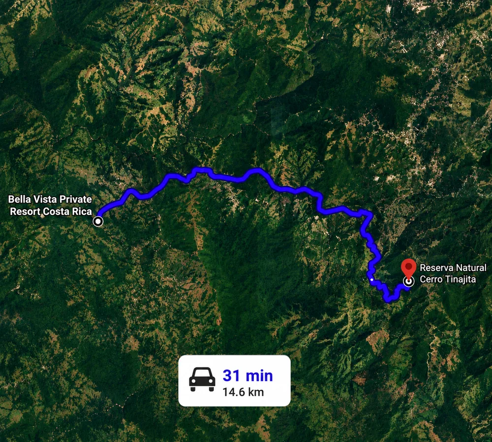 Driving route from Bella Vista Private Resort to Reserva Natural Cerro Tinajita