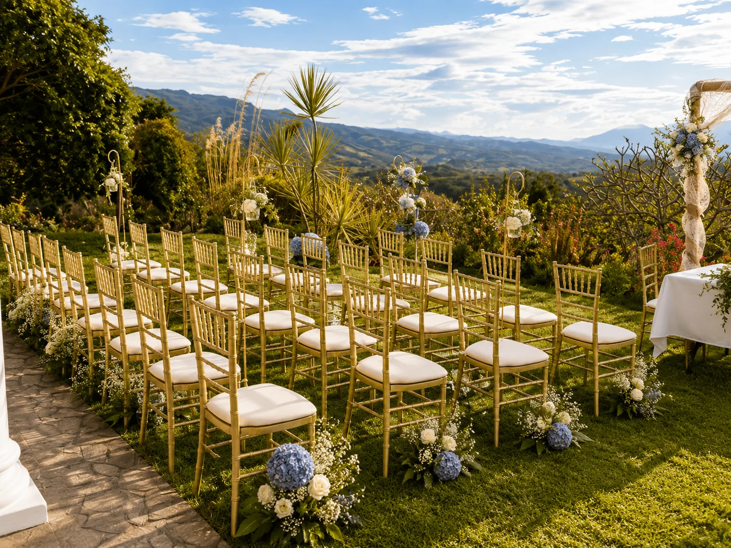 An all-inclusive Costa Rica wedding ceremony set up on the private South Lawn at Bella Vista, with valley views
